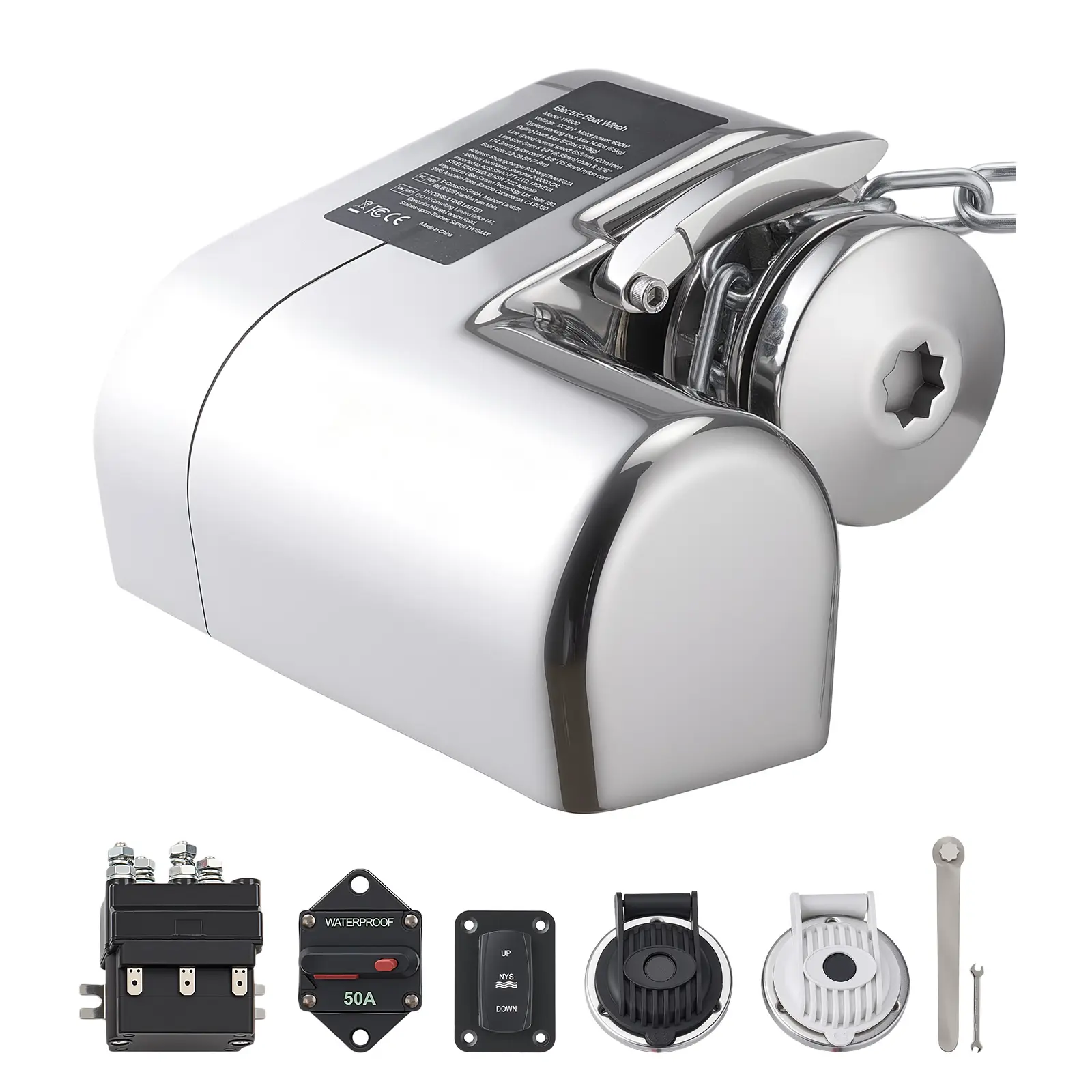 Horizontal Fishing Windlass, 12V DC 600W, Windlass Anchor Systems Fit for 1/4-Inch Chain or 9/16 & 5/8 Inch Nylon Rope, Max Pull 573 lbs, 316 Stainless Steel Construction, for Boats 23-29.5 ft