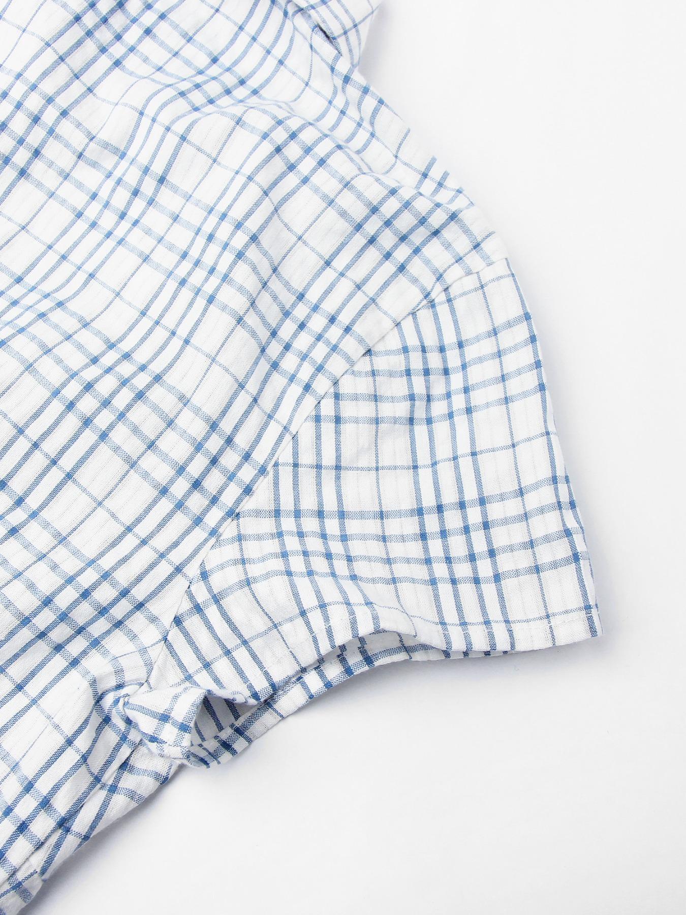 Women's Plaid Print Curved Hem Short Sleeve Casual Fitted Collared Blouse, Button Up Shirt, Casual Bishop Sleeve Top for Summer, Ladies Clothes for Daily Wear