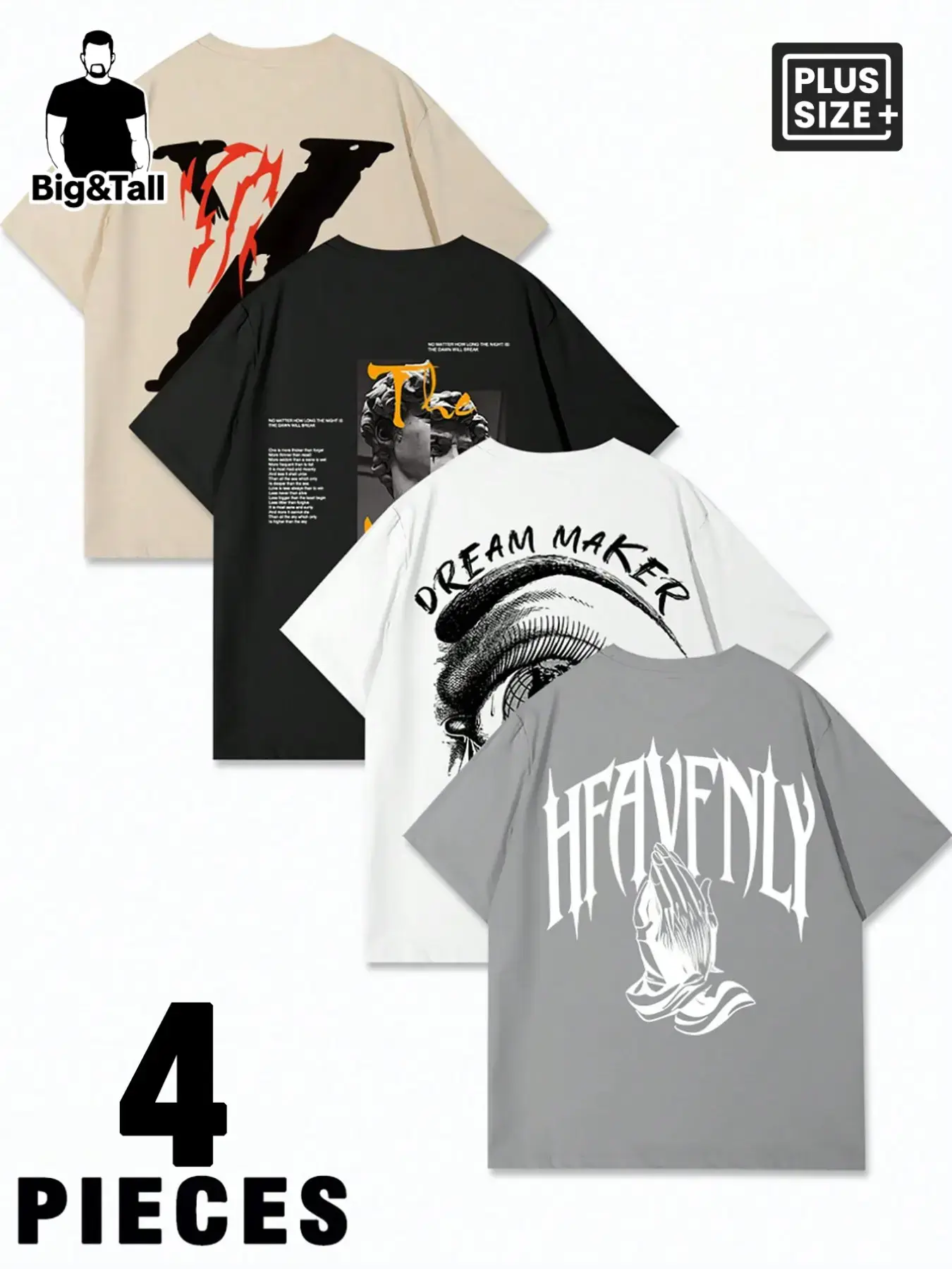 4 Pcs Men's Plus Size Oversize American Streetwear, Menswear, Casual Graphic Tee, Graphic Print Short Sleeve T-Shirts, Casual Loose Gothic Summer Tops for Daily Commuting, Gym and Vacation
