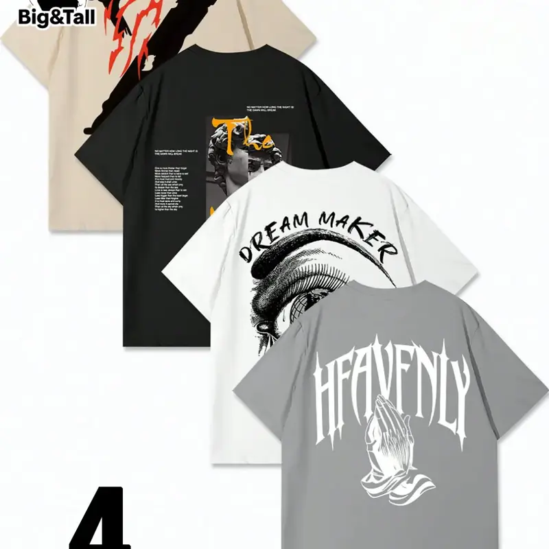 4 Pcs Men's Plus Size Oversize American Streetwear, Menswear, Casual Graphic Tee, Graphic Print Short Sleeve T-Shirts, Casual Loose Gothic Summer Tops for Daily Commuting, Gym and Vacation