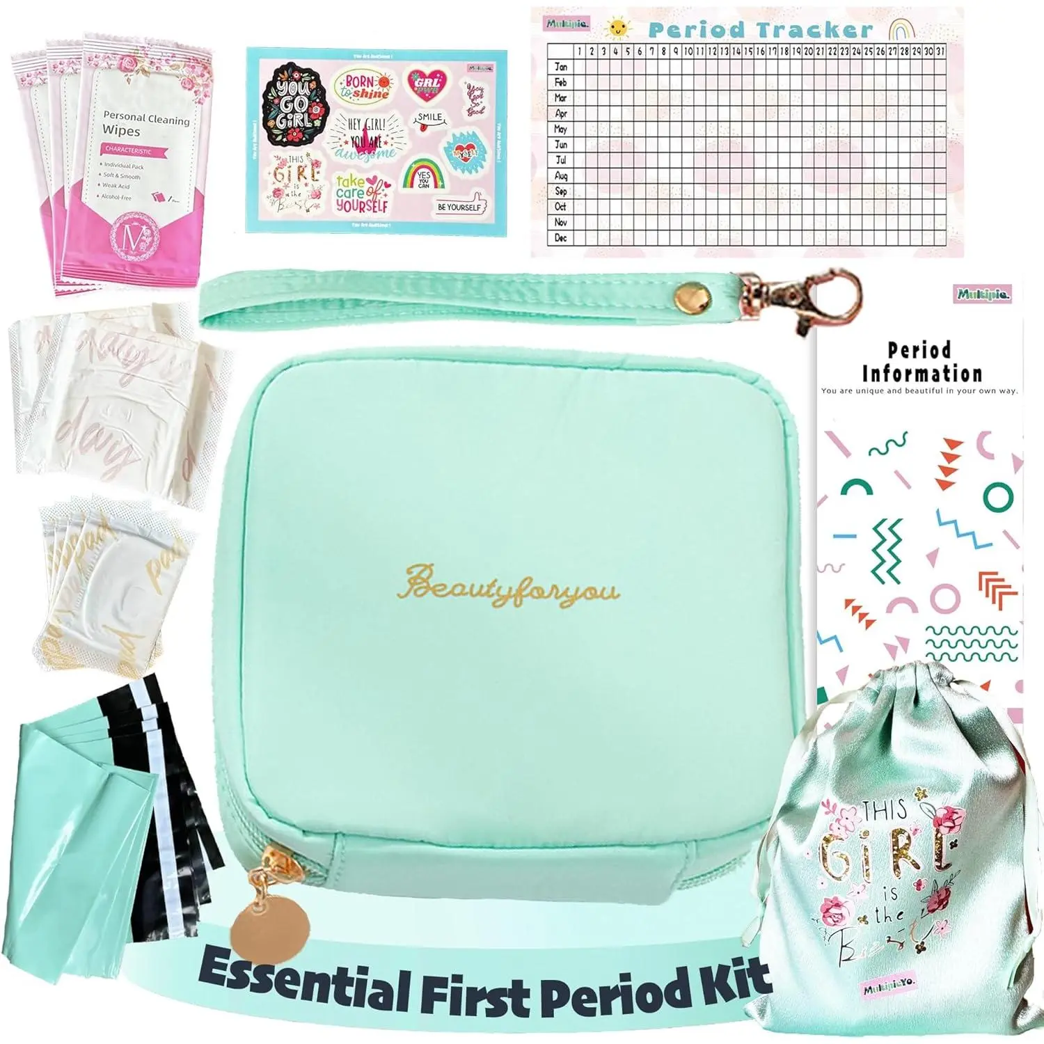 Essential First Period Kit for Girls 10-12| Period Bags for Teen Girls for School| First Period Gift with Sanitary Pad Storage Bag, Wipes, Period Tracker and More(Mint)