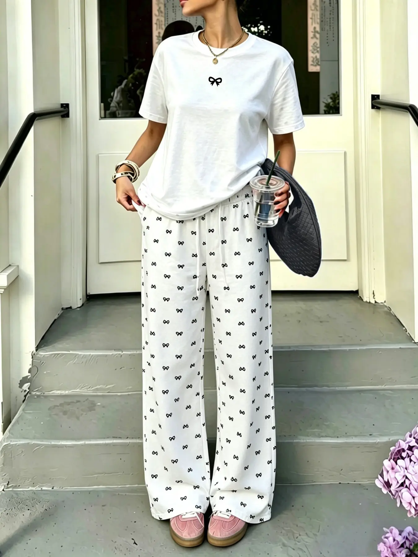 Women's Round Neck Loose Fit Baggy Short Sleeve T-Shirt + Bow Wide Leg Pants Set, Soft Korean Style Casual Office Wear, Daily Comfortable