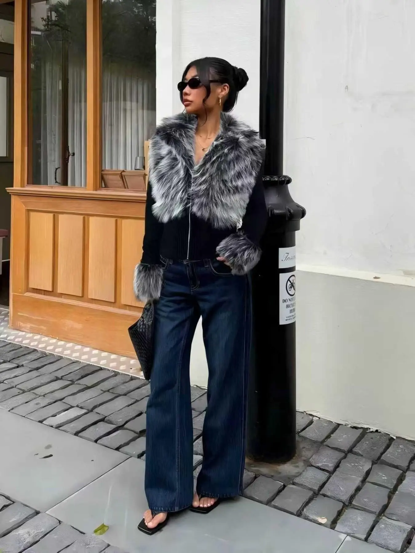 2026 New Fall/winter Women's Faux Leather Fur Patched Puffy Coat, Streetwear, Plaid Punk Style, Y2K Fashion 00156666