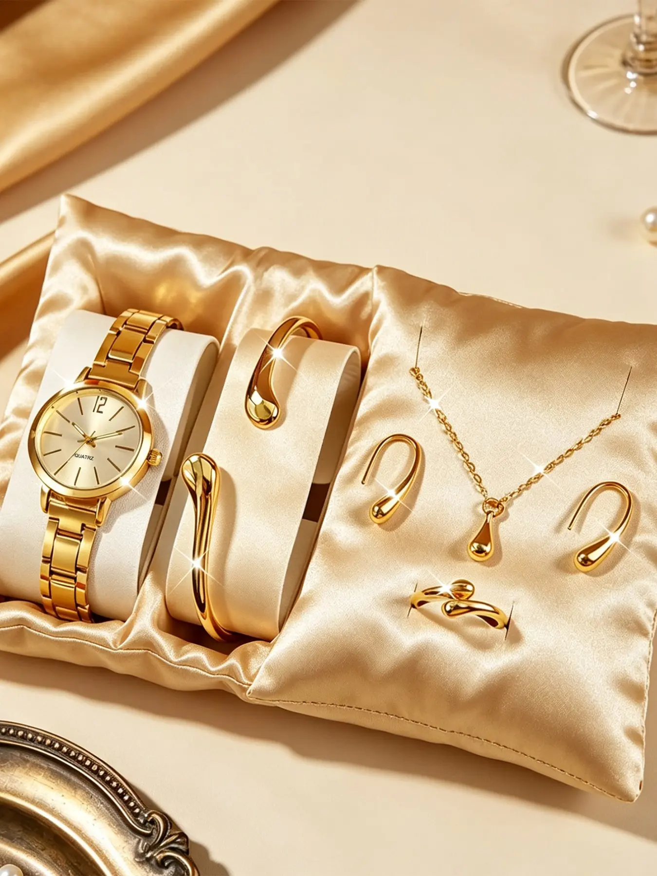 6-Piece Elegant Vintage Watch Set, Quartz Analog Dial, Alloy Case, Perfect Gift for Mom, Holiday Wear