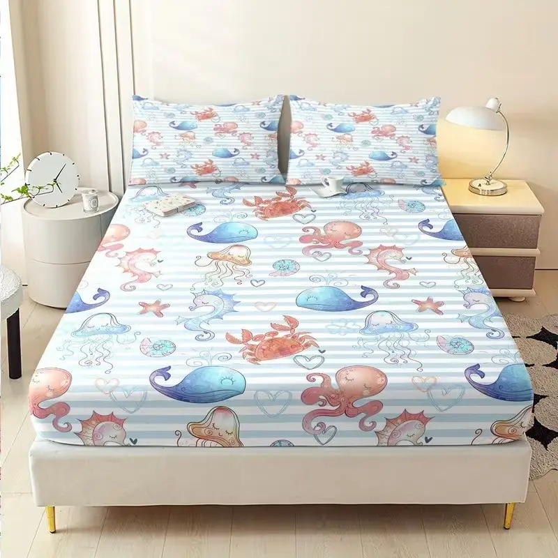 and Mushroom Bed Sheet Set, Cartoon Bohemian Bedding Set, Plant Fungus Flower Star Moon Bedspread, 3-Piece Set with 2 Pillowcases