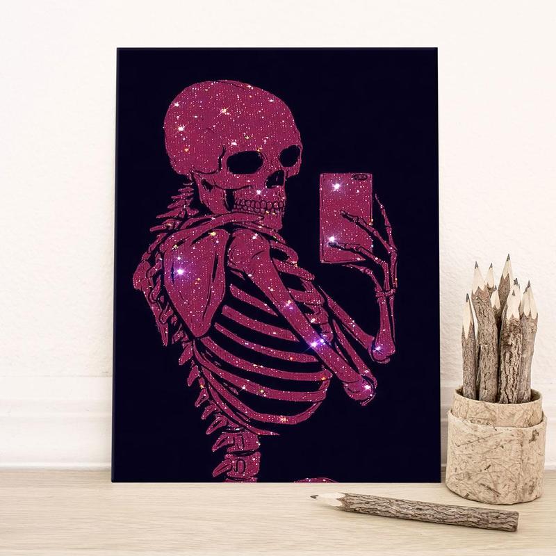Glitter Skeleton Pattern Wall Art, Canvas Hanging Painting with Frame, Wall Decor, Creative Modern Decoration for Home Living Room Bedroom Office Study Room, Halloween