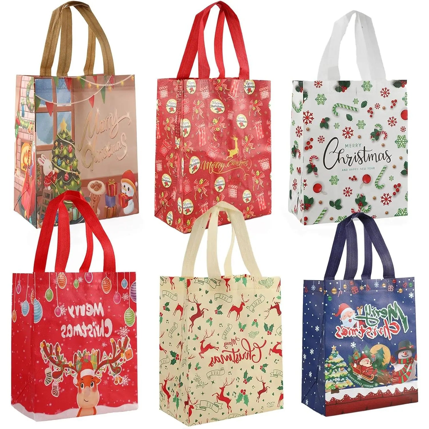 6 Pack Large Christmas Bags(4.7x8.2x10.2 Inch) Non-woven Fabric Gifts Goodie Snack Candy  Tote Wrap Bags with Handles  Bulk Santa Xmas Winter Party Decorations Favors Supplies Decorations