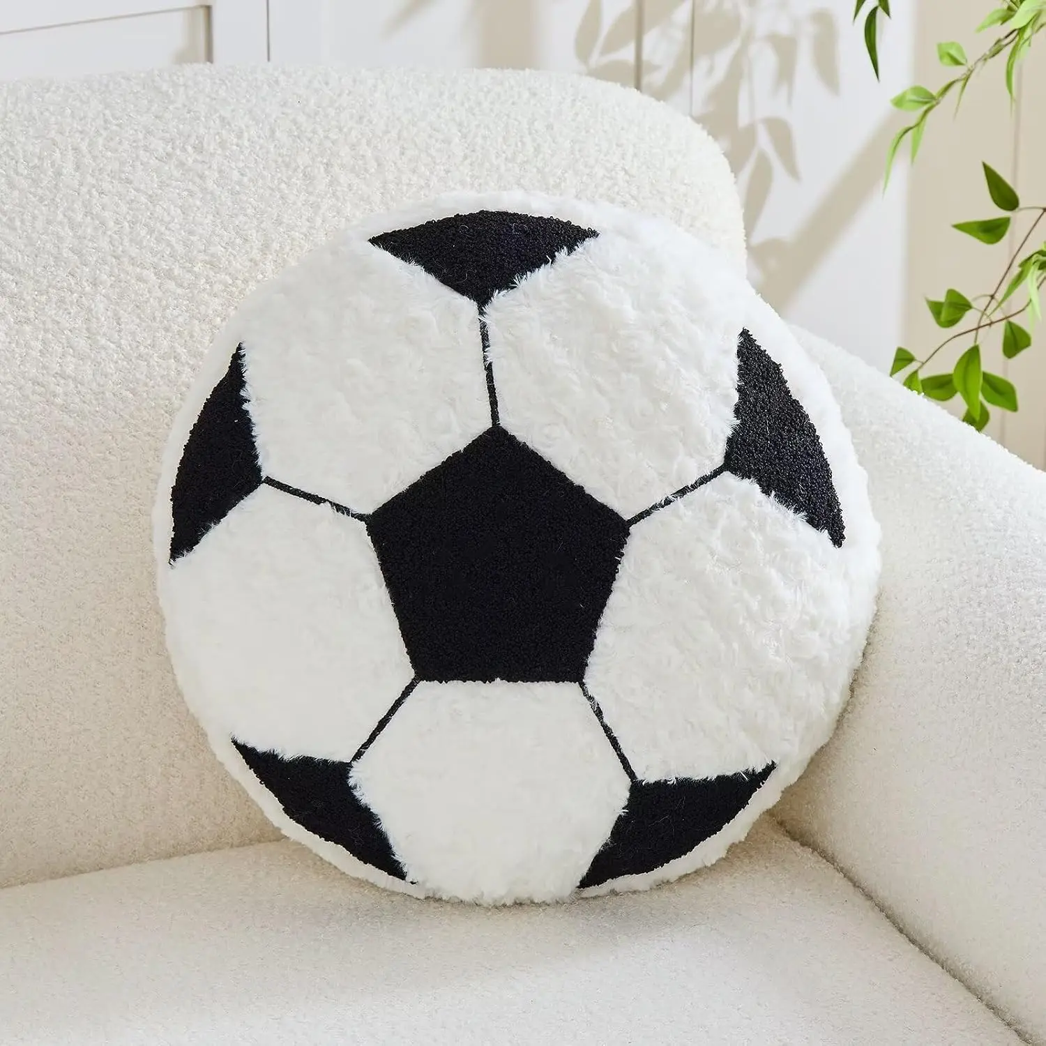 Soccer Pillow Football Round Cushion Soft  Soccerball Decorative Plush Pillow for Room Decor (Black, 12 Inch)