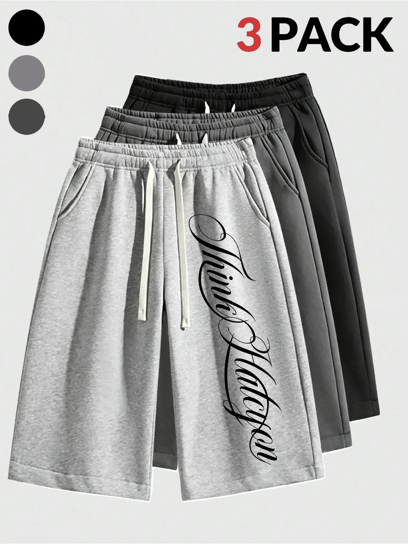 3-Pack Men's Side Stripe Long Letter Print Knee-Length Shorts, Soft Hemp Fleece Elastic Drawstring Loose Fit, / Multi-Color Set