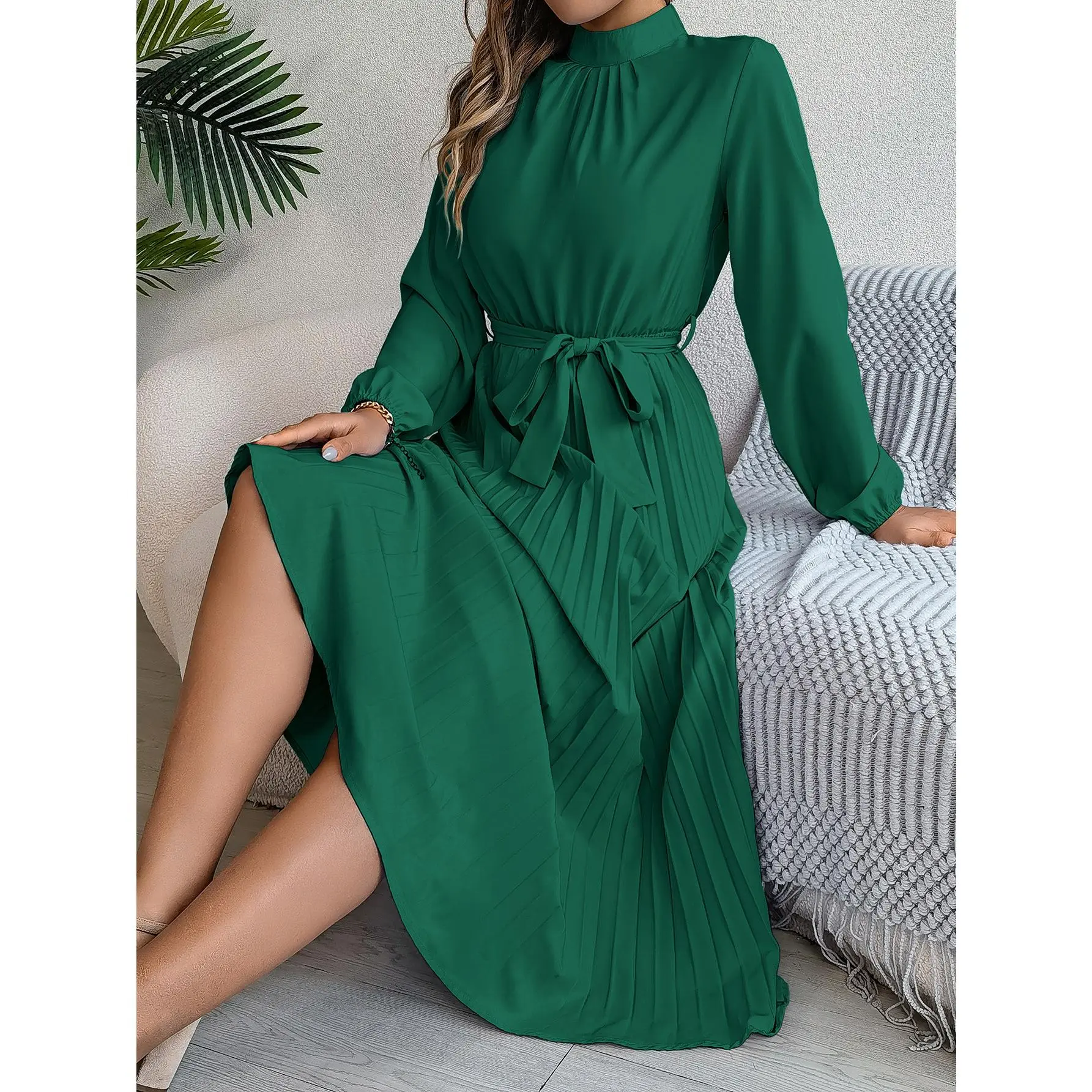 YF Women's Mock Neck Pleated Midi Maxi Dress, Long Sleeve Belted Waist Tie Irregular Hem Flowy Dress, Elegant Semi Formal Wedding Guest Dress, Modest Work Office Party Dresses for Spring Fall in Solid Colors