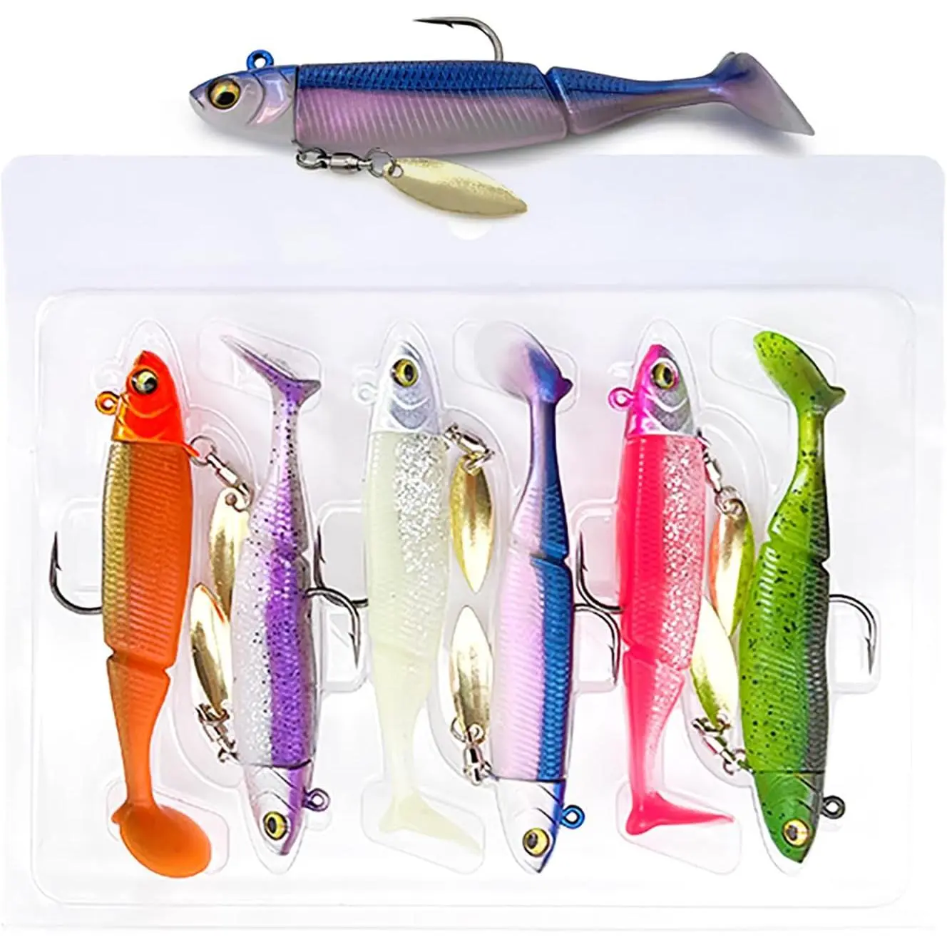 Lead  Jigs, 3.5 Inches Plastic Swimbait with Treble Hooks, 6- Fishing Lure Set for Bass Trout Walleye, Trolling  for Saltwater and Freshwater