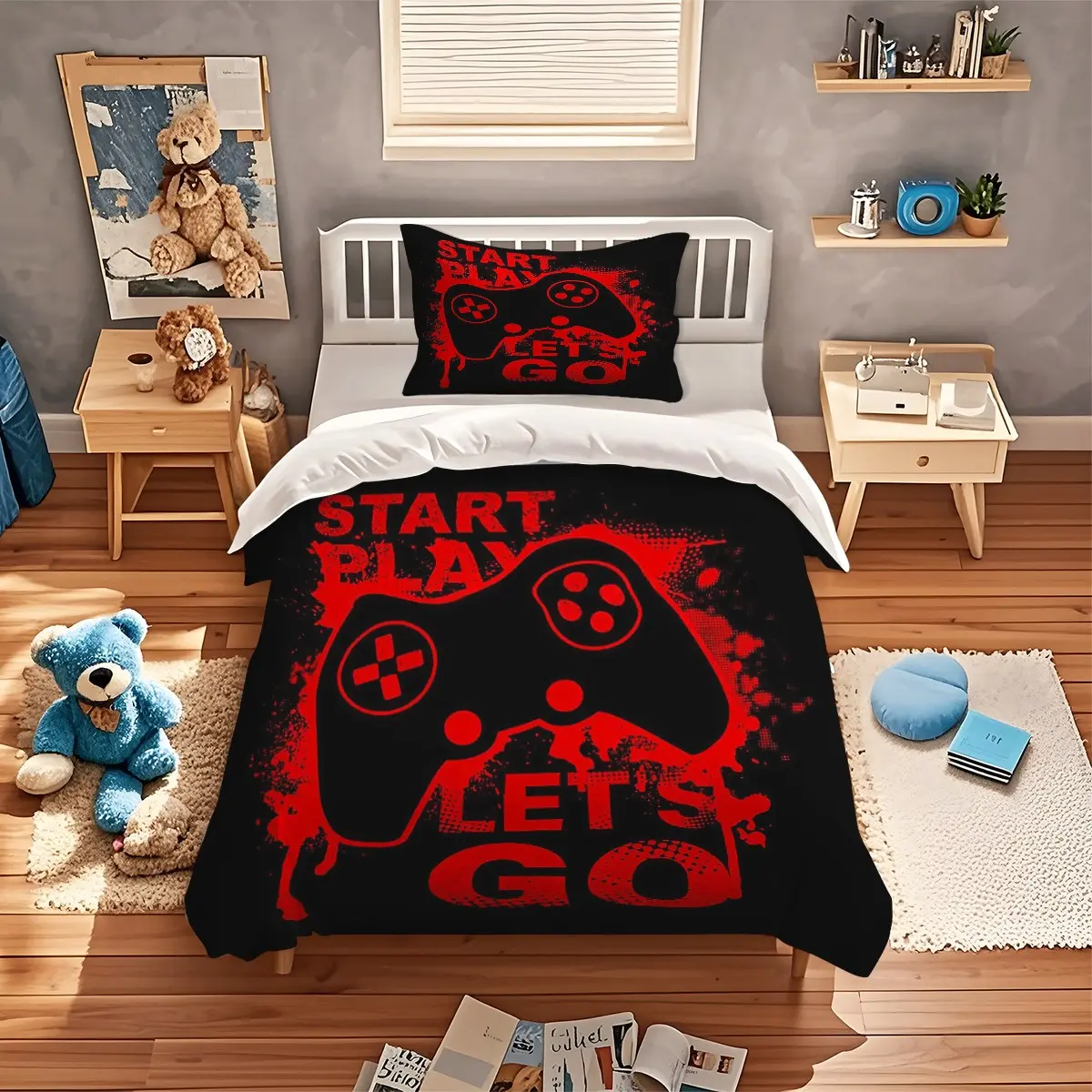 2/3pcs Gaming Controller Print Duvet Cover Set – Red Graffiti-Style Gaming Controller Pattern Bedding; Soft & Breathable; Street Graffiti Aesthetic; 1 Duvet Cover And 1 / 2 Core Free Pillowcase, Zipper Closure;  For Kids' And Teens' Bedroom Decor.