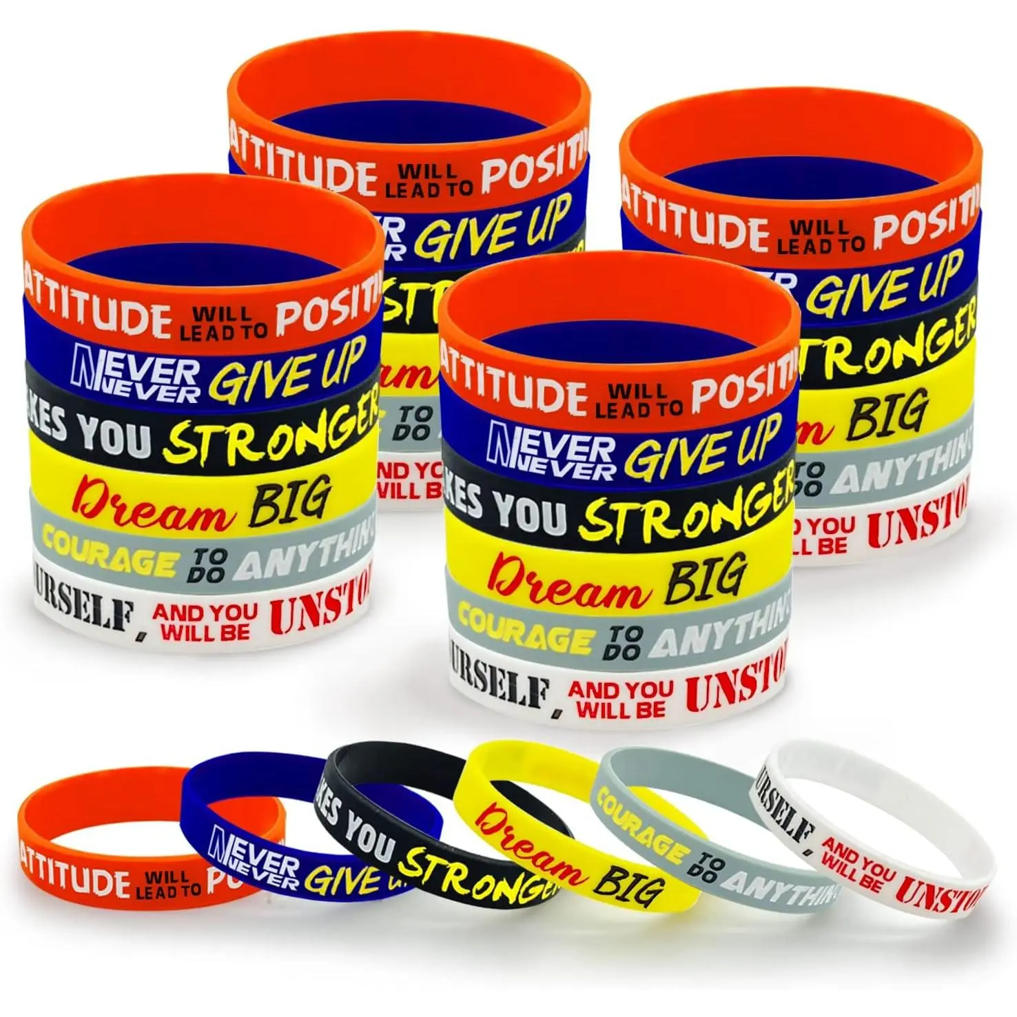 30 count Inspirational Rubber Bracelet Motivational Quotes  Bracelets Adult Stretch Wristbands Rubber Motivational Gifts for Men Women Teens Gym  Adults Party Favors,6 Designs (Unisex)