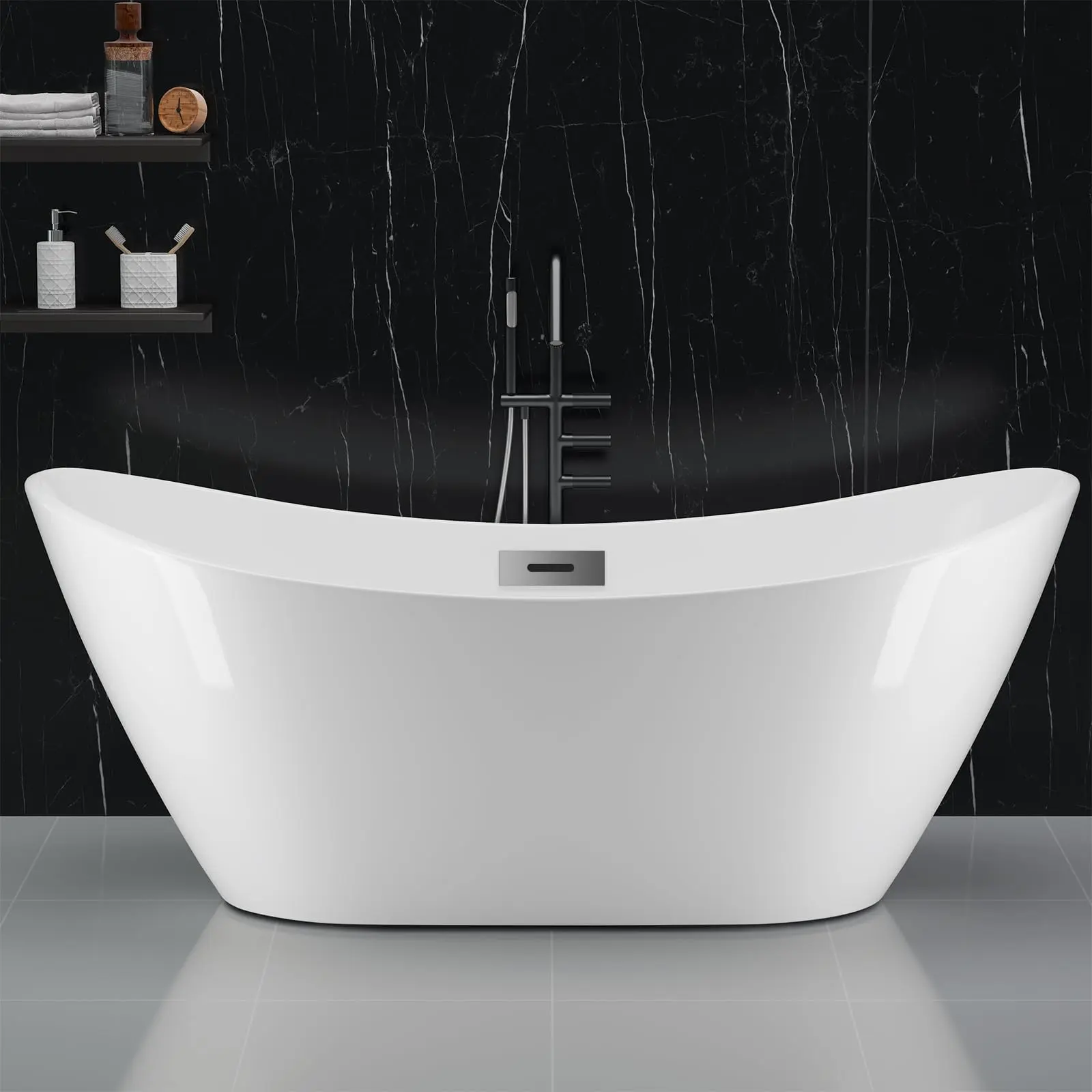 Deep Soaking Comfort – 59" Acrylic Freestanding Bathtub – Non-Slip Base – Chrome-Plated Drain & Overflow – Modern White & Black – cUPC Certified – Ideal for Bathroom Remodel