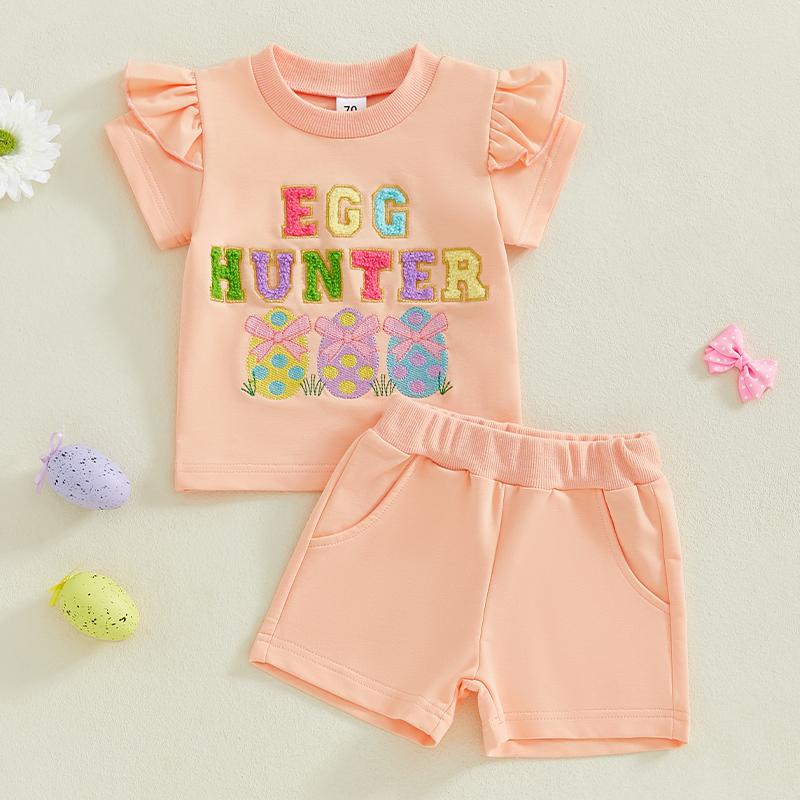 Toddler Baby Little Girl Easter Outfits Letter Embroidery Short Sleeve T-Shirt with Shorts 2 Pcs Set 0-5 Years