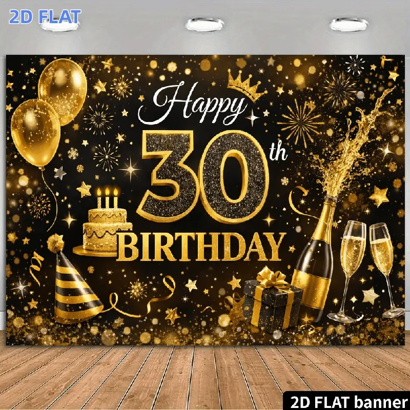 2D Flat Banner 1pc, 2D Black And Golden 30Th Birthday Themed Backdrop Luxurious Celebration Scene with Glittery Golden Number 30 Golden Dot Balloons Splashing Champagne And Two-Layer Cake Paired with Pennants And Starlight Speckle