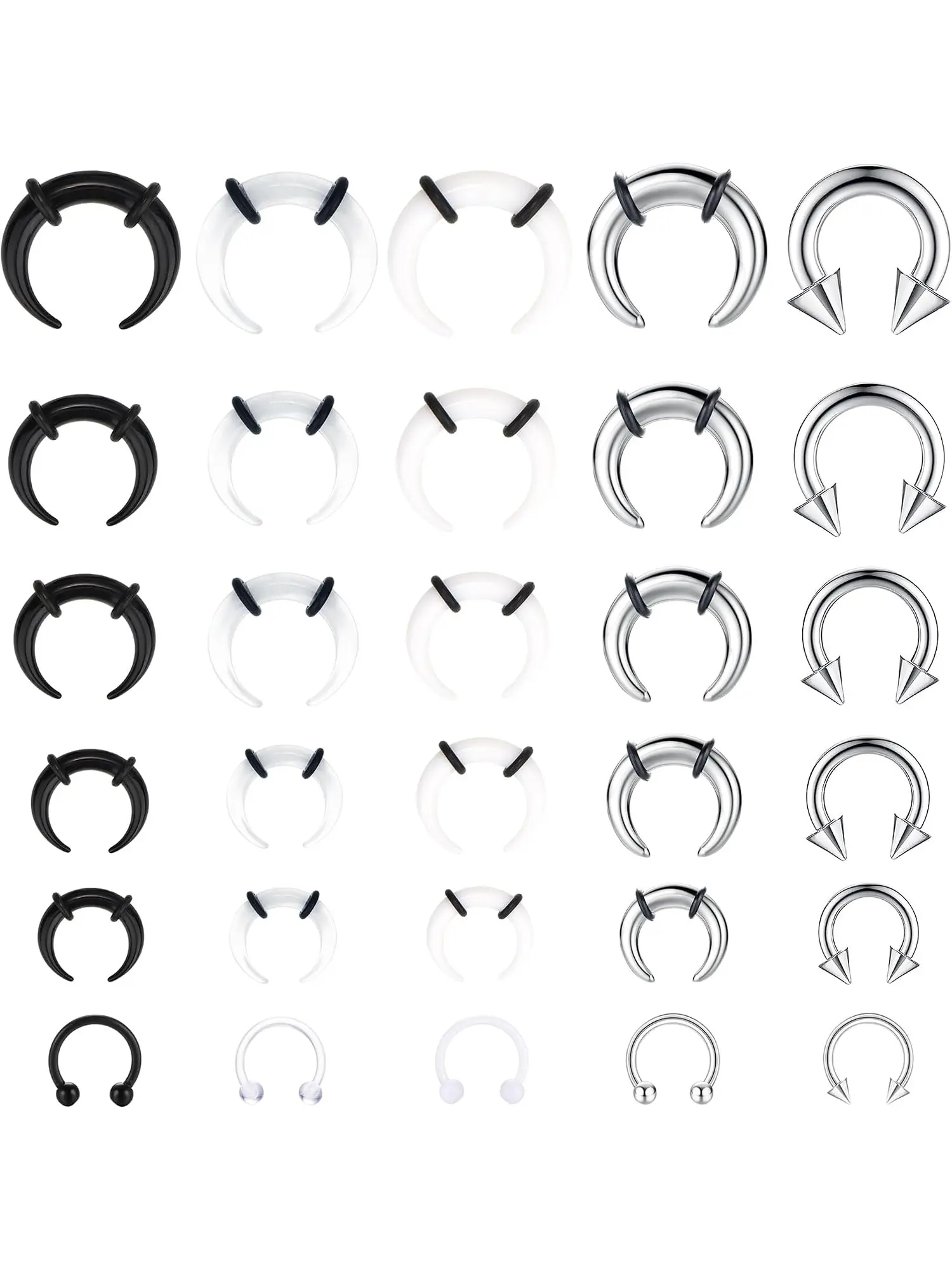 30Pcs Septum Stretching Kit Bundle for Women Men, 16G 14G 12G 10G 8G 6G Stainless Steel & Acrylic Pincher Tapers, C Shape Horseshoe Septum Hoops Multi-Use Nose Ear Cartilage Piercing Jewelry