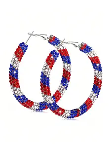 Red, White & Blue American Flag Earrings, Fashionable Hoop Earrings, patriotic accessories for Independence Day, Bohemian resin rhinestone hoop dangle earrings for women, lightweight, patriotic jewelry gift for July 4th parties