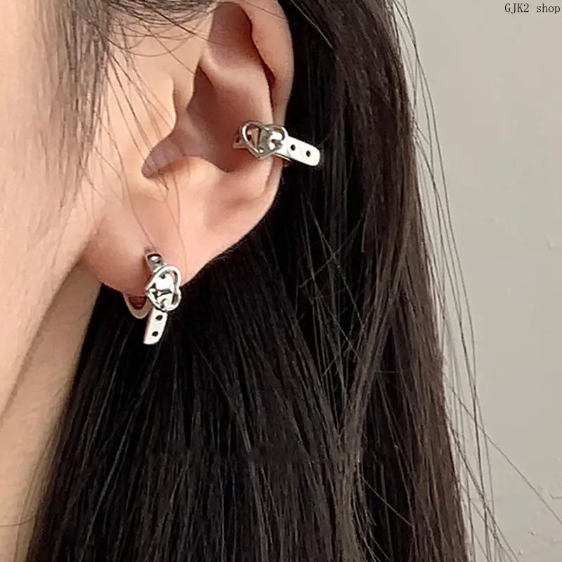 Silver‑Tone Hollow Heart Design Small Snap‑Closure Huggie Earrings Casual Daily Jewelry