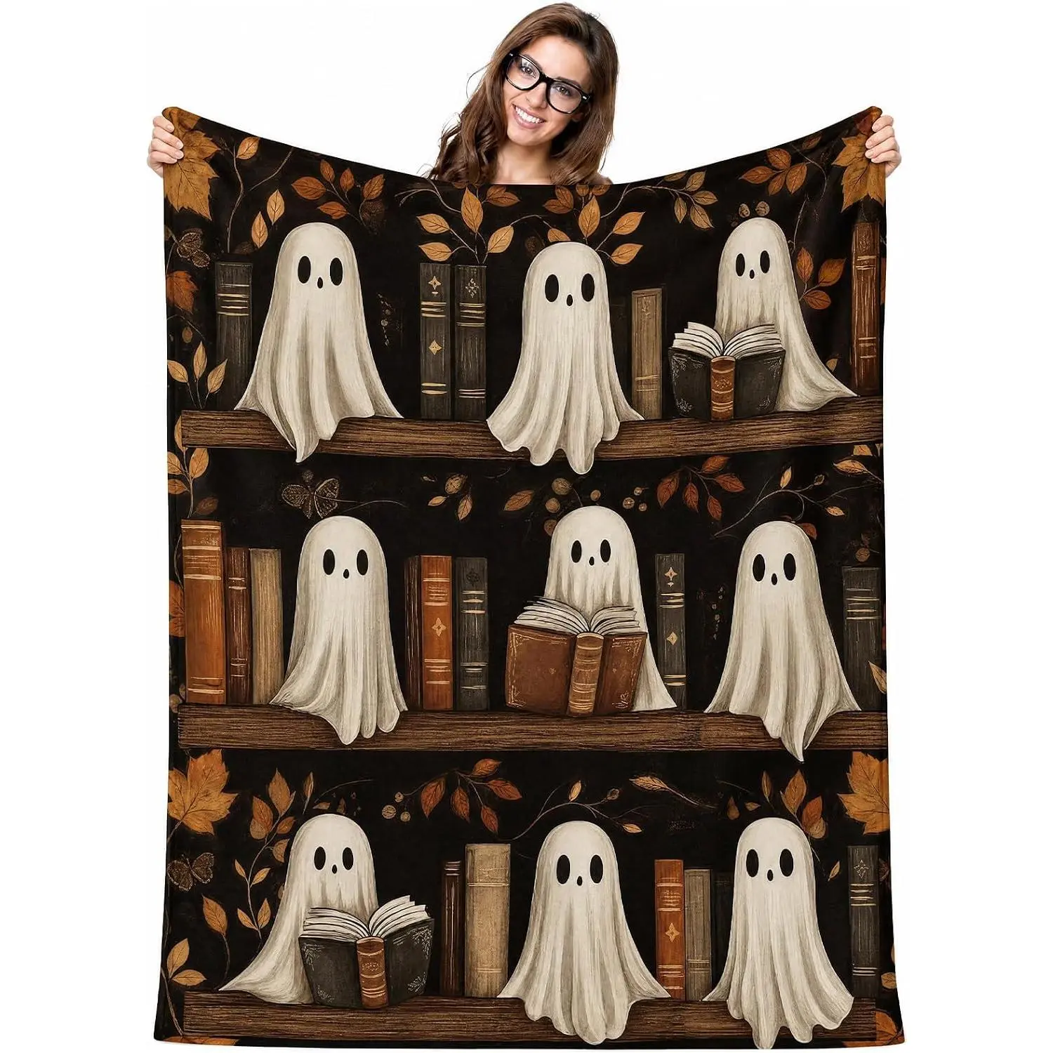 Halloween Ghost Blanket Book Lovers Gifts Spooky Reading Throw Blanket Bookworm Horror Gifts for Basket Women Bookish Librarian Book Club Reader