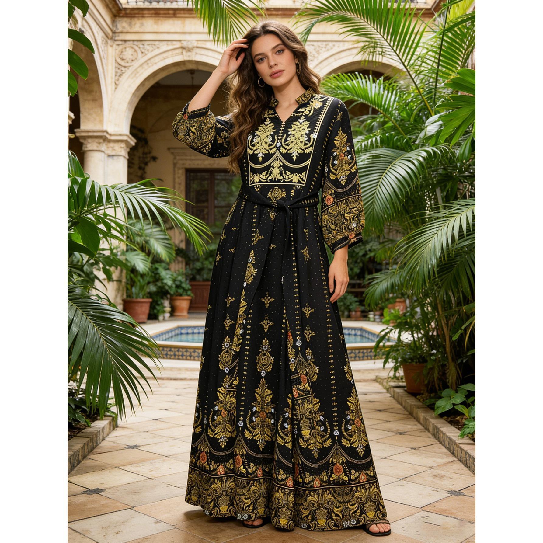 Luxury Gold & Black Baroque Maxi Dress Elegant Belted Boho Gown | Size Inclusive S-4XL | Perfect for Wedding Guest, Evening Gala, Cruise & Vacation