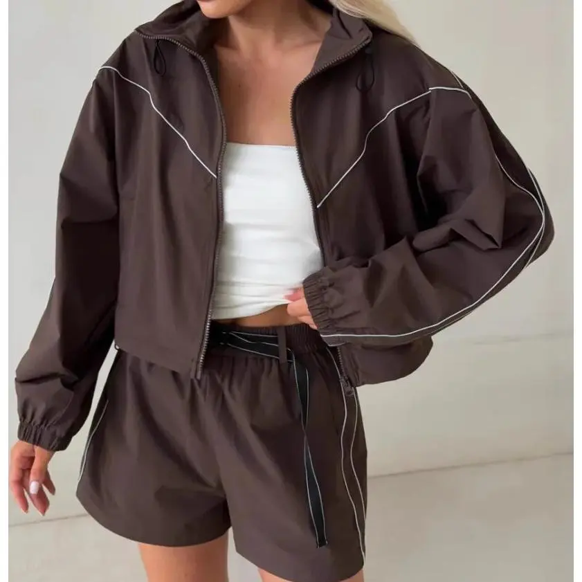 casual women's two-piece set: solid color long-sleeve zip-up cardigan and elastic shorts Clothes Suits
