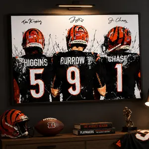 Joe Burrow, Ja'Marr Chase, Tee Higgins, Cincinnati Bengals, Canvas Wrap or Museum-Quality Poster, Fine Art, Man Cave, Kids room, Office football wall poster canvas wrap sports tribute poster sports viewing decor