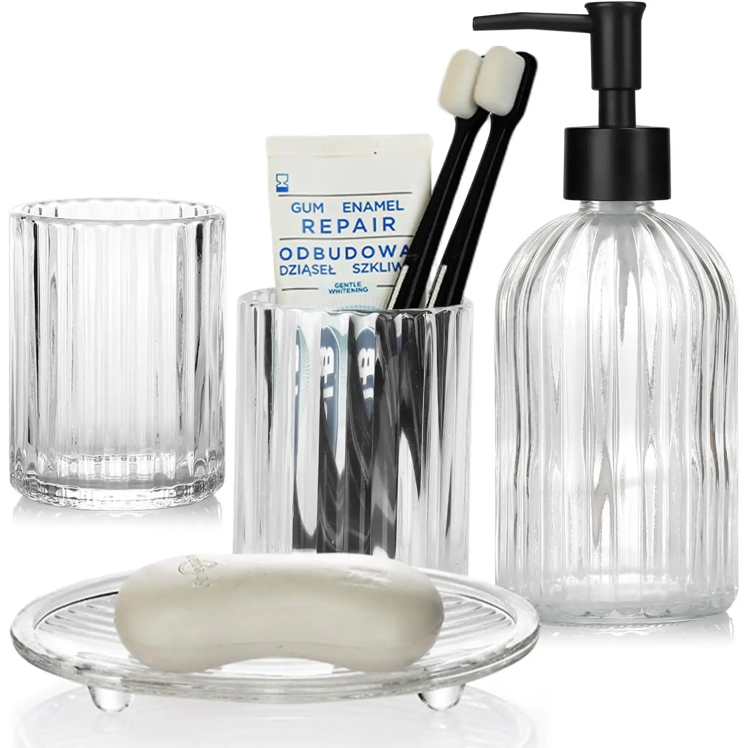 Topsky 4-Piece Modern Glass Bathroom Accessories Set - Vertical Stripes, 400ml Hand Soap Dispenser, Toothbrush Holder, Mouthwash Cup, Soap Dish, Anti-Slip Base, Art Deco Edge, Bathroom Countertop Gift Idea, Countertop Organize, High-Quality Glass