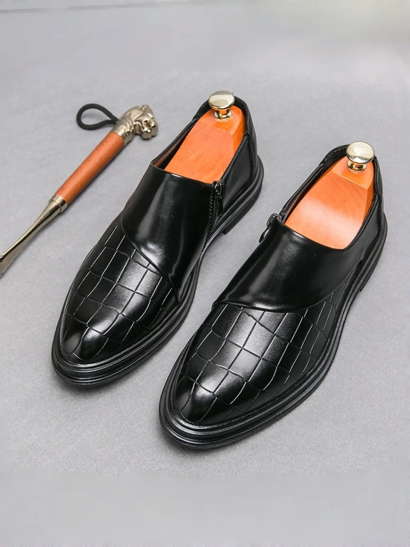 Men Brown Crocodile Embossed Side Zipper Slip-On Dress Shoes Asymmetric Overlay Mid Block Heel Multi-Layer Stitched Black Outsole Business Formal Leather Shoes