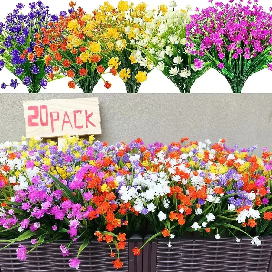 20 Bundles Colorful Mixed Colors Artificial Tropical Flowers - Bulk UV-Resistant Outdoor Floral Decor Plants, 5-Color Plastic Faux Blooms with Stems, Low-Maintenance Decoration for Porch, Outdoor Planter