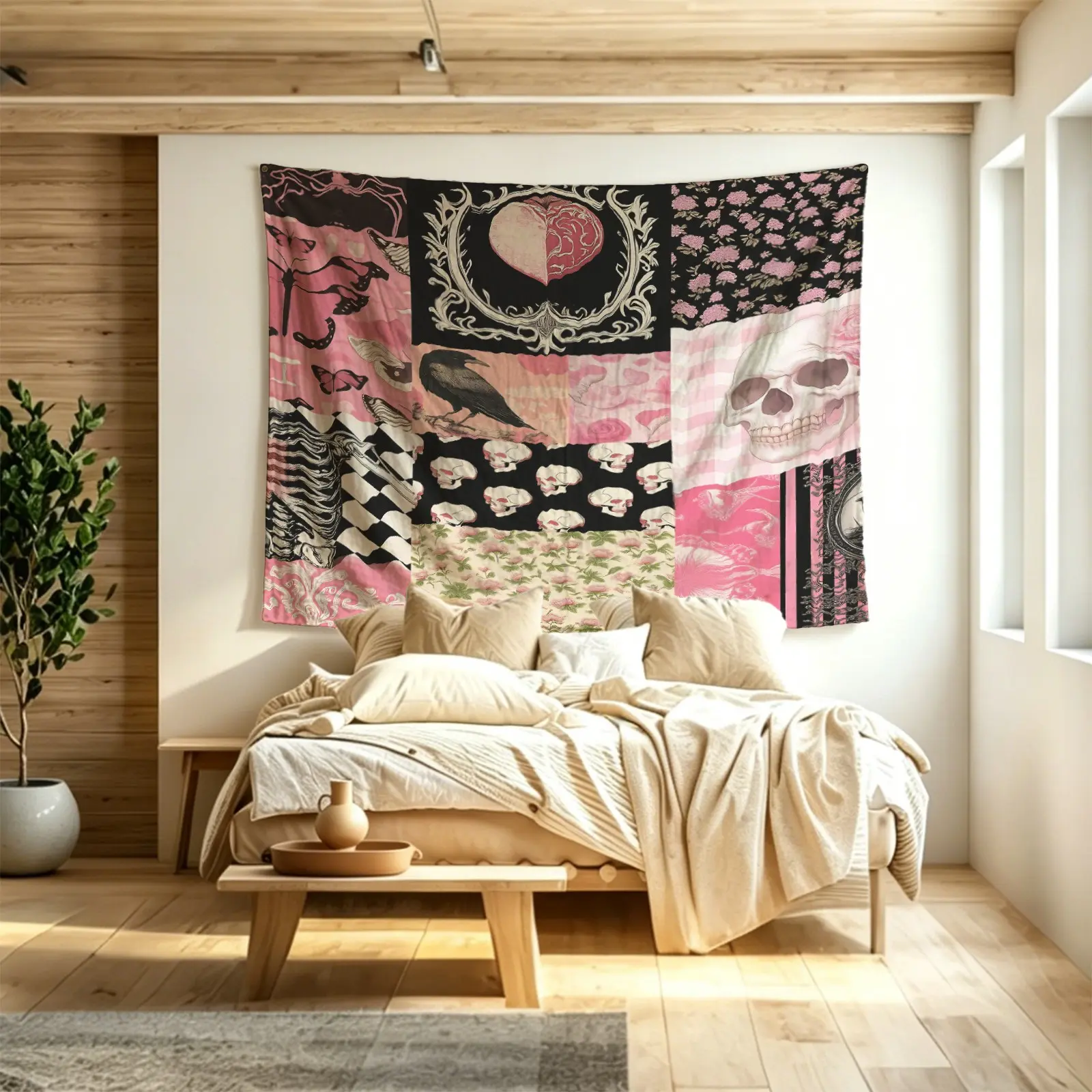 Dark Gothic Patchwork Tapestry, Decorative Wall Hanging Tapestries, Soft Wall Blanket, Holiday Party Backdrop Decor, High Definition Printing, Ideal For Gothic Bedroom Wall Decoration And Halloween Scene Layout