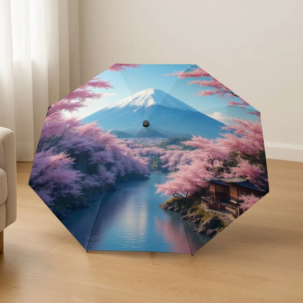 Fuji Mountain Cherry Blossom Automatic Folding Umbrella, Lightweight Portable Travel Umbrella, 8-Rib Frame, Unisex, Halloween & Christmas Gift