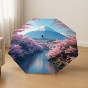 Fuji Mountain Cherry Blossom Automatic Folding Umbrella, Lightweight Portable Travel Umbrella, 8-Rib Frame, Unisex, Halloween & Christmas Gift