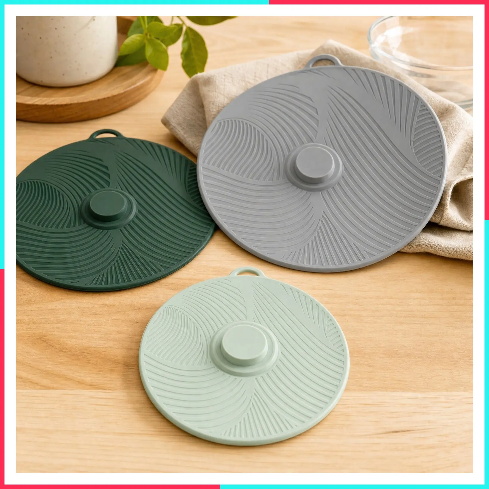 Universal Silicone Lids for Pots, Pans, Bowls & Cups | Heat Safe, Reusable Suction Seal Covers, Food Grade & Dishwasher Safe, 3 Piece Set (Gray, Green, Sage)
