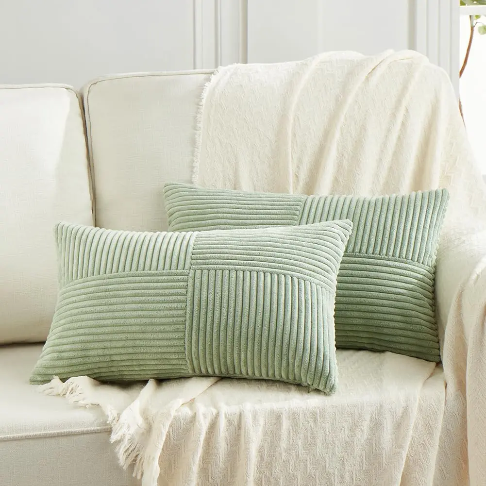 2 Packs Sage Green Lumbar Decorative Throw Pillow Covers 12x20 Inch for Living Room Couch Bed, Rustic Farmhouse Boho Home Decor, Soft Striped Corduroy Rectangle Cushion Case 30x50 cm