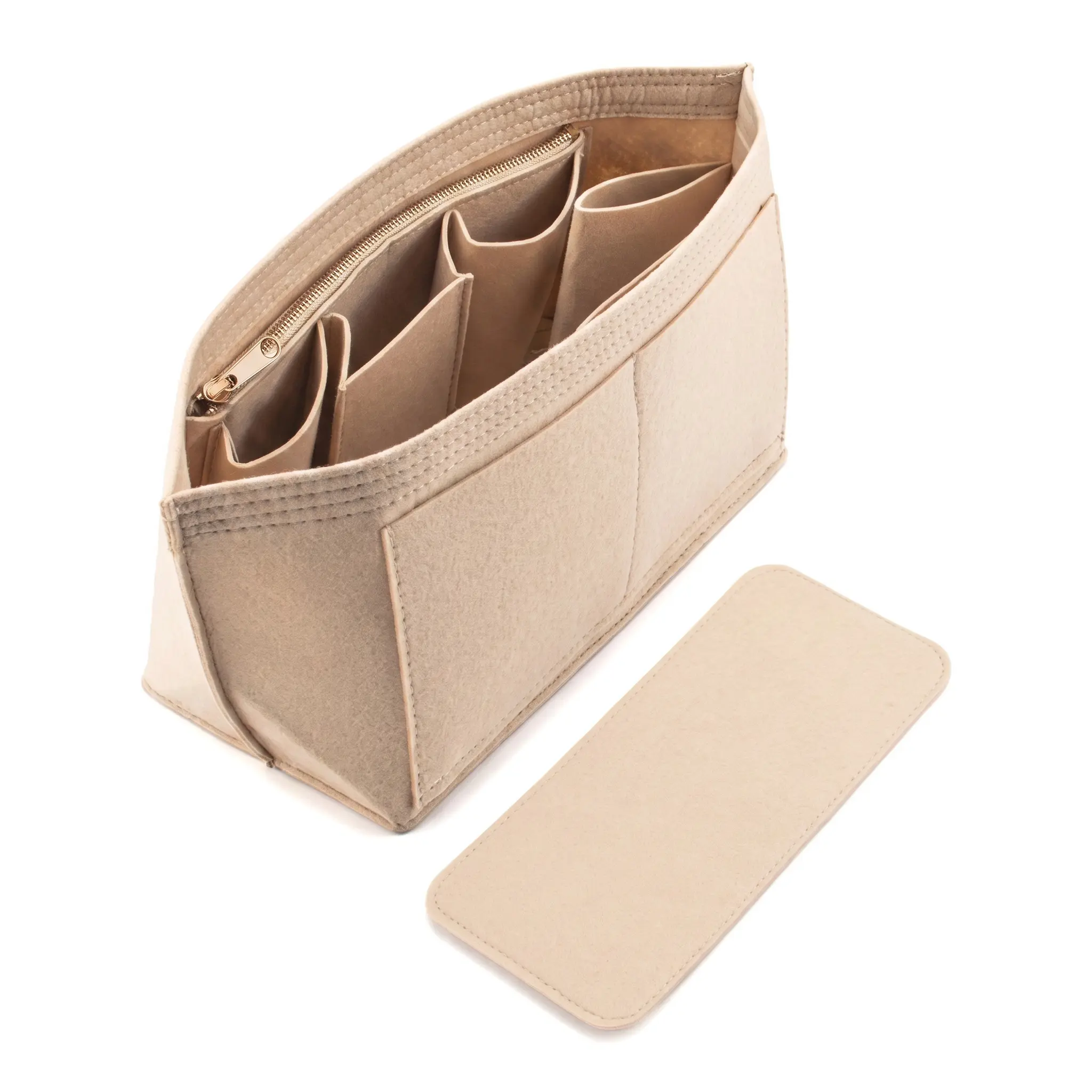 Tote Bag Organizer Insert with Bottom Pad, PU Material, Neutral Tone, Multiple Slots, Fits Longchamp MM/30/33/PM, Beige, Durable, Everyday Use School Travel Essential, Neat Storage Pouch