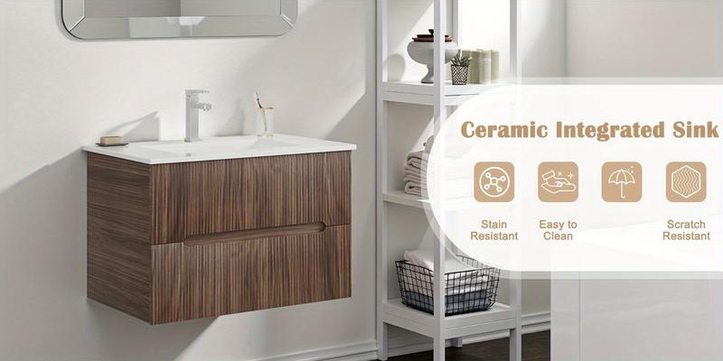 30" Floating Bathroom Vanity with Sink & Faucet, Wall-Mounted Sink Cabinet with 2 Soft-Close Drawers, Walnut/White/Black