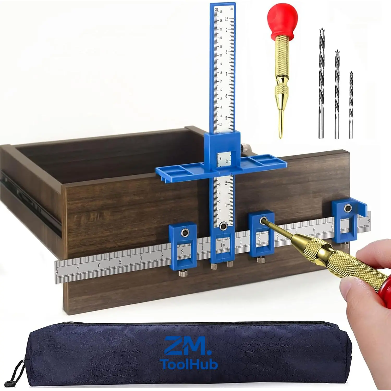 Cabinet Handle Installation Jig Set with Automatic Hole Punch & Point Drill Bits, Wood Drilling Locator for Cabinet Drawer Door Knobs Pull Handles Mounting