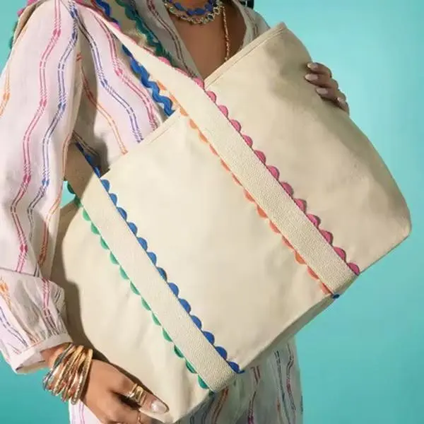 Women's Casual White Canvas Tote Bag - Mantor Trendy Design, Colorful Wavy Trim, Stripes, American/EU Style, Durable Spacious, Stash Pocket, Ideal for Vacations, Daily Errands