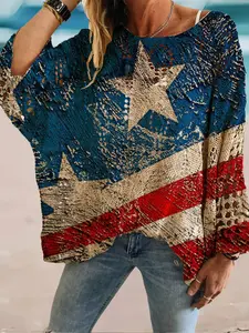 Independence Day Summer Round Neck Knit Women's Sweater, Star Print Batwing Sleeve, Loose Fit Boho Style, Casual Elegant Commute Wear