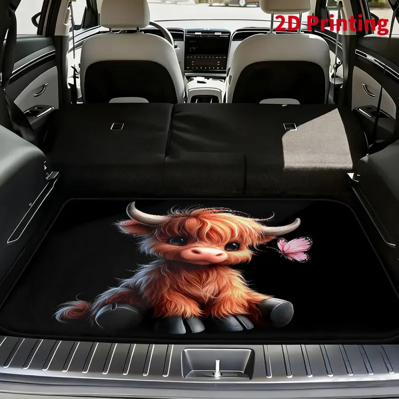 Universal car trunk mat, featuring a cartoon bull and butterfly design, suitable for SUVs, sedans, hatchbacks, or vans. Ideal for daily use, storage organization, and adding a personalized touch to the car interior, 2D flat style