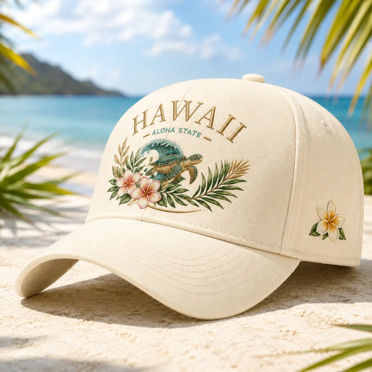 Hawaii Aloha State Cream Curved Brim Baseball Cap - Sea Turtle, Wave, Plumeria, Palm Leaf Graphics - All Seasons Men’s/Women’s Dad Hat for Cruise, Commute, Tropical Beach - Plants, Animals Themed Sports Outdoor Accessory
