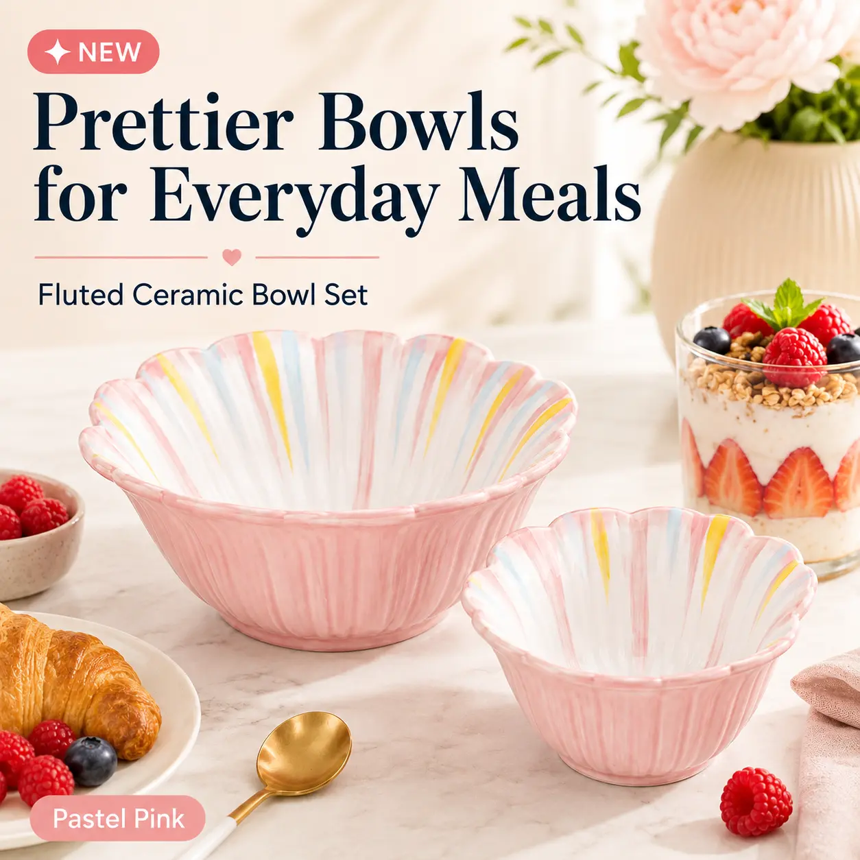 Rainbow Pink Ceramic Fluted Bowl Set, 2-Piece 16.9 fl oz and 8.8 fl oz Cereal Soup Rice Bowls, Microwave and Dishwasher Safe