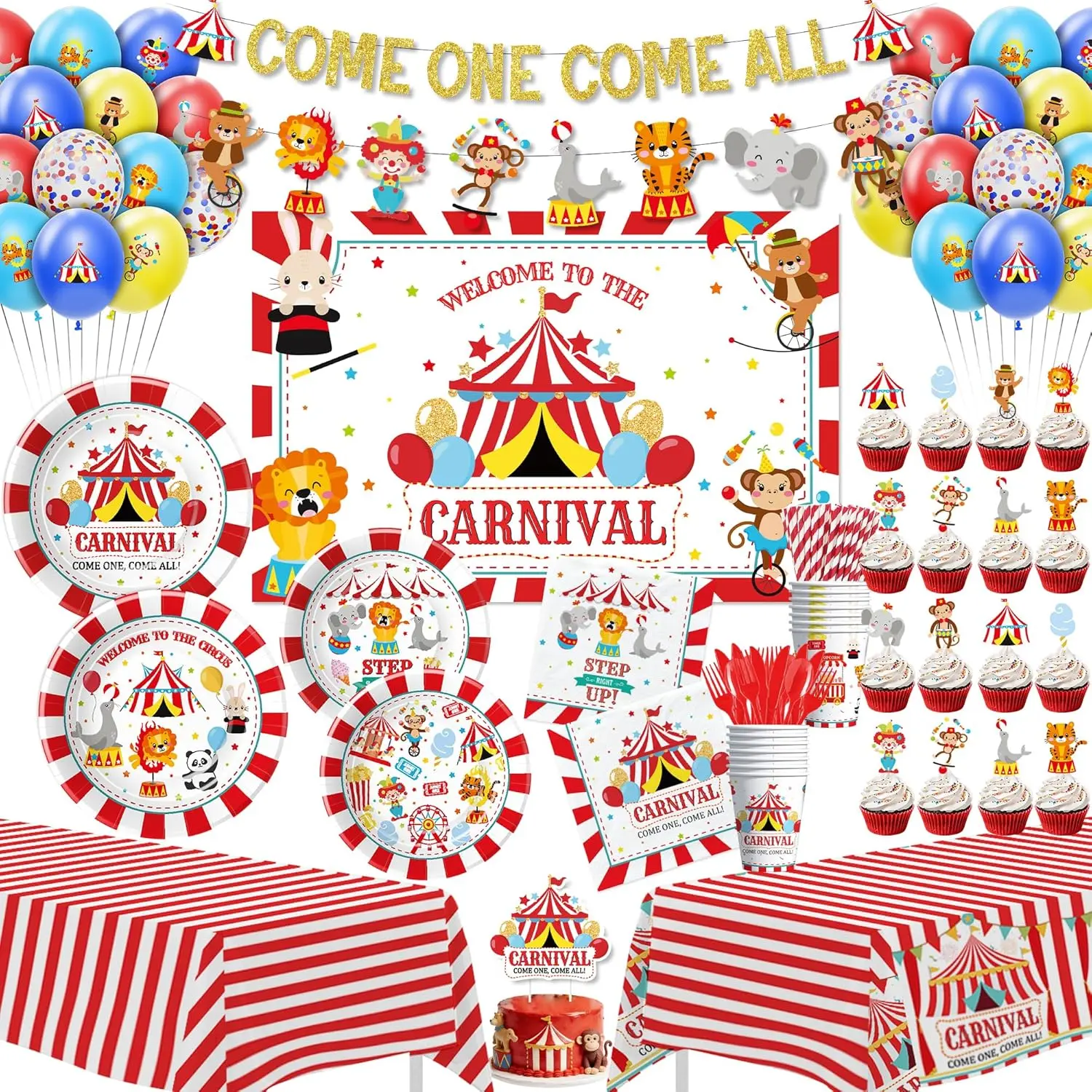 Circus Carnival Theme Party Decorations, Carnival Circus Theme Party Supplies for Kids Birthday Baby Shower, Paper Plate, Napkin, Cup, Banner, Backdrop, Tablecloth, Balloon, Topper, Serve 24