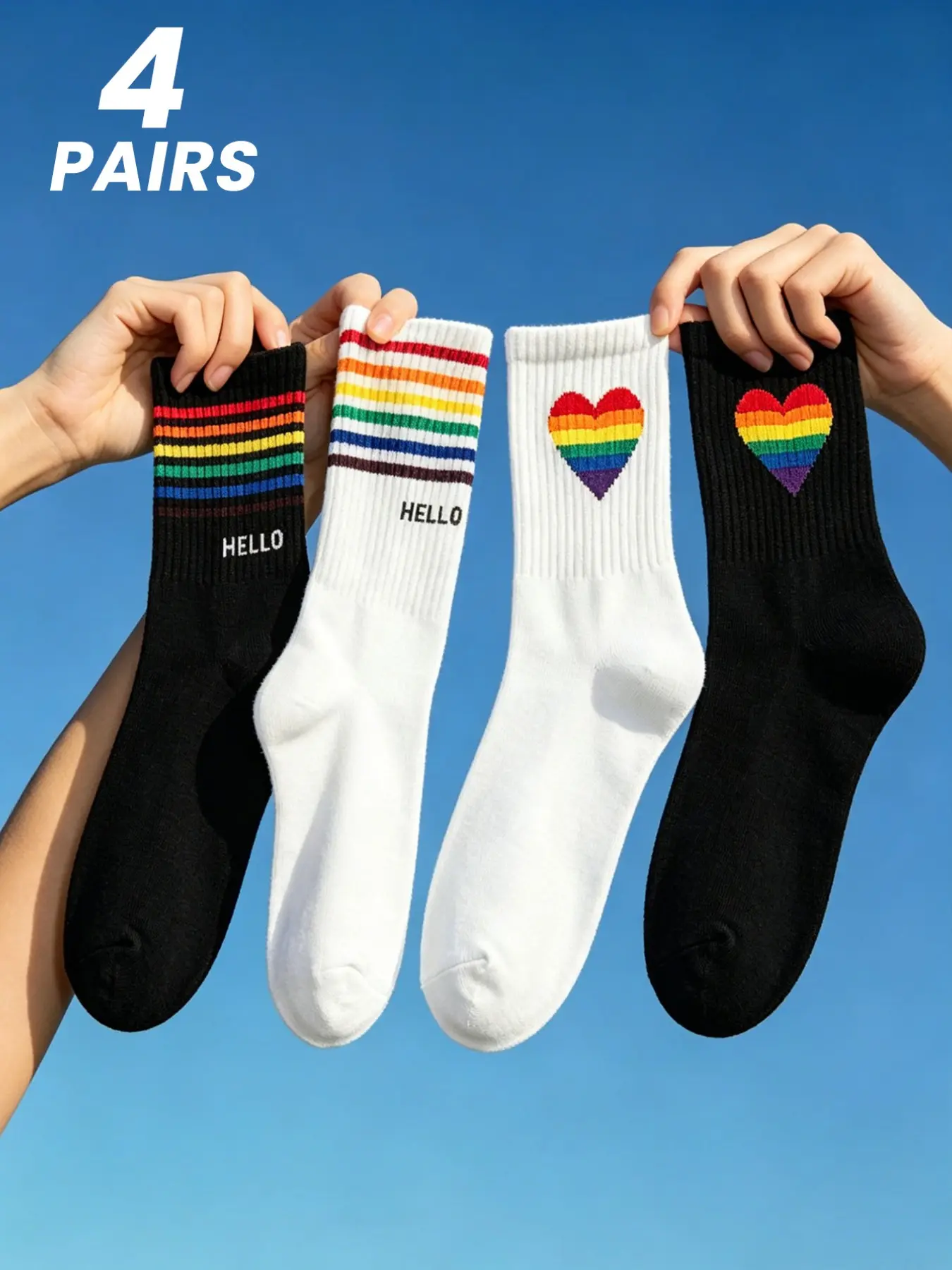 4 Pairs Unisex Rainbow Socks LGBT Pride Crew Socks Vintage Streetwear Colorblock Striped Mid Calf Socks High Elastic Student Campus Trendy Skate Socks Pack
