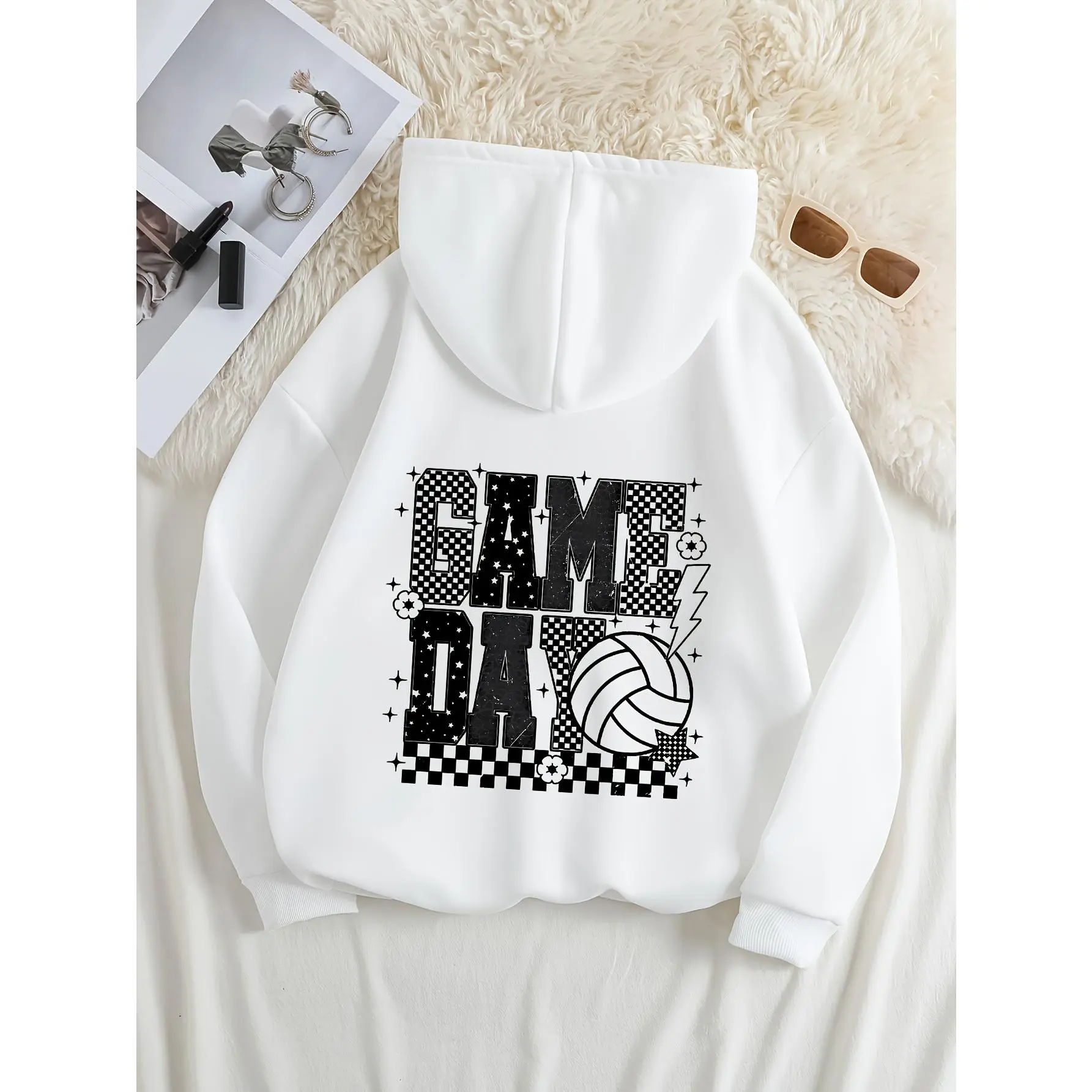 Women's Volleyball Graphic Hooded Sweater - Game Day Design with Volleyball & Spike Patterns, Soft Pullover, Machine Washable Winter Sweater for Volleyball Fans & Athletes