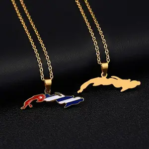 Stainless steel Cuba Map Flag Pendant Necklaces for Men Women Gold/Steel color Small Size Map jewelry Anniversary Gift