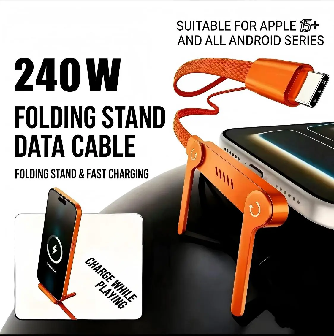MREGB 240W 2-in-1 Fast Charging Cable with Invisible Phone Stand, Foldable Durable Type-C Charger Cord Compatible with iPhone Samsung for Gaming Office & Car Travel Device Portable summerwins,summerwins