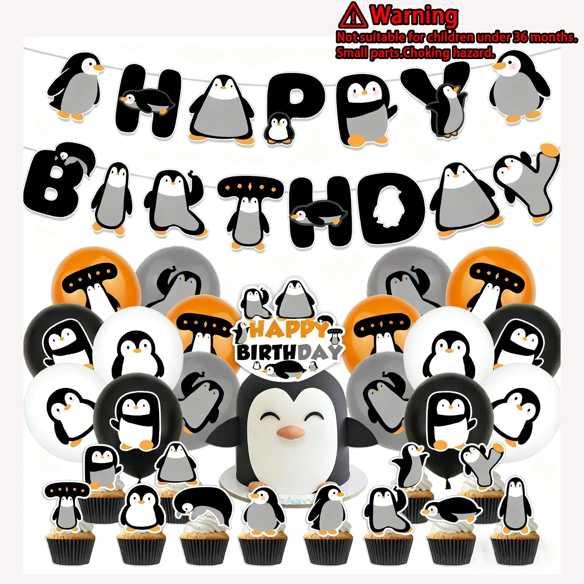 Cute Penguin Party Decor Set, Colorful Cartoon Balloons, Banner, Cake Picks, Backdrop, Perfect for Birthday, Graduation, Anniversary