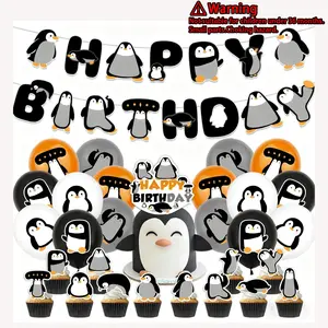 Cute Penguin Party Decor Set, Colorful Cartoon Balloons, Banner, Cake Picks, Backdrop, Perfect for Birthday, Graduation, Anniversary